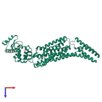 Monomeric assembly 1 of PDB entry 5ndd coloured by chemically distinct molecules, top view.