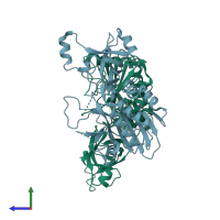 PDB entry 5ne9 coloured by chain, side view.