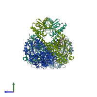 PDB entry 5nm3 coloured by chain, side view.