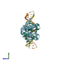 PDB entry 5nm9 coloured by chain, side view.