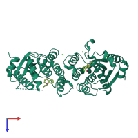 Homo dimeric assembly 1 of PDB entry 5nrn coloured by chemically distinct molecules, top view.