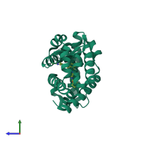 Monomeric assembly 1 of PDB entry 5ntp coloured by chemically distinct molecules, side view.