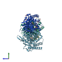 PDB entry 5nuf coloured by chain, side view.