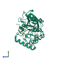 Monomeric assembly 1 of PDB entry 5nzw coloured by chemically distinct molecules, side view.