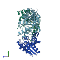 PDB 5o0a coloured by chain and viewed from the side.