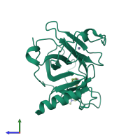 Monomeric assembly 1 of PDB entry 5o1a coloured by chemically distinct molecules, side view.