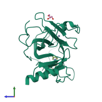Monomeric assembly 2 of PDB entry 5o1a coloured by chemically distinct molecules, side view.