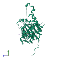 Monomeric assembly 1 of PDB entry 5o2b coloured by chemically distinct molecules, side view.