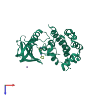 Monomeric assembly 1 of PDB entry 5o2b coloured by chemically distinct molecules, top view.