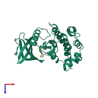 Monomeric assembly 2 of PDB entry 5o2b coloured by chemically distinct molecules, top view.