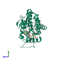 Monomeric assembly 2 of PDB entry 5o98 coloured by chemically distinct molecules, side view.