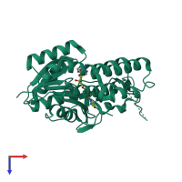 Monomeric assembly 2 of PDB entry 5o98 coloured by chemically distinct molecules, top view.