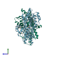 PDB entry 5ocp coloured by chain, side view.