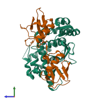 PDB entry 5oe7 coloured by chain, side view.