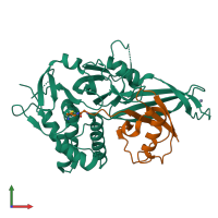 Hetero dimeric assembly 1 of PDB entry 5ohn coloured by chemically distinct molecules, front view.