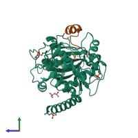 PDB entry 5ol3 coloured by chain, side view.