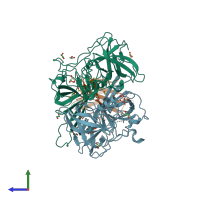 PDB entry 5omm coloured by chain, side view.