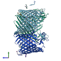 PDB entry 5onu coloured by chain, side view.