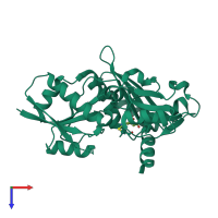 Monomeric assembly 1 of PDB entry 5ov6 coloured by chemically distinct molecules, top view.