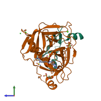 PDB entry 5pau coloured by chain, side view.