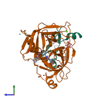 PDB entry 5pay coloured by chain, side view.