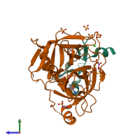 PDB entry 5pb1 coloured by chain, side view.