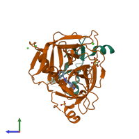 PDB entry 5pb2 coloured by chain, side view.