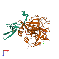 PDB entry 5pb5 coloured by chain, top view.
