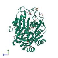 PDB entry 5pip coloured by chain, side view.