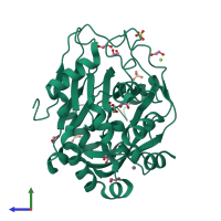 Monomeric assembly 1 of PDB entry 5pjb coloured by chemically distinct molecules, side view.