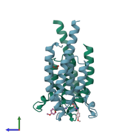 PDB entry 5pos coloured by chain, side view.