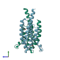 PDB entry 5pr7 coloured by chain, side view.