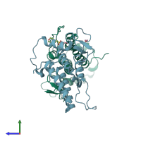 PDB entry 5pwg coloured by chain, side view.