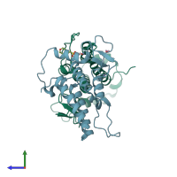 PDB entry 5pz2 coloured by chain, side view.