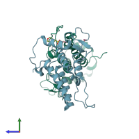 PDB entry 5pza coloured by chain, side view.