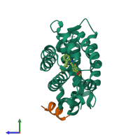 Hetero dimeric assembly 2 of PDB entry 5q19 coloured by chemically distinct molecules, side view.