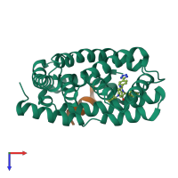 Hetero dimeric assembly 1 of PDB entry 5q1h coloured by chemically distinct molecules, top view.