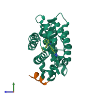 Hetero dimeric assembly 2 of PDB entry 5q1h coloured by chemically distinct molecules, side view.