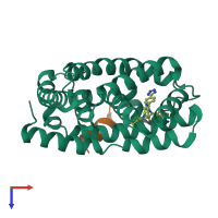 Hetero dimeric assembly 2 of PDB entry 5q1h coloured by chemically distinct molecules, top view.