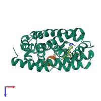 Hetero dimeric assembly 3 of PDB entry 5q1h coloured by chemically distinct molecules, top view.