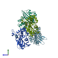 PDB entry 5qas coloured by chain, side view.