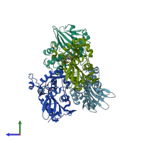 PDB entry 5qb4 coloured by chain, side view.