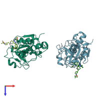PDB entry 5qcb coloured by chain, top view.
