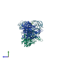 PDB 5qco coloured by chain and viewed from the side.