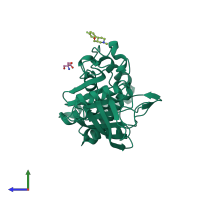 PDB entry 5qen coloured by chain, side view.