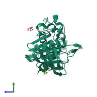 Monomeric assembly 1 of PDB entry 5qex coloured by chemically distinct molecules, side view.