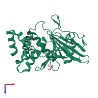 Monomeric assembly 1 of PDB entry 5qex coloured by chemically distinct molecules, top view.
