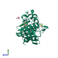 PDB entry 5qfu coloured by chain, side view.