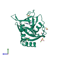Monomeric assembly 1 of PDB entry 5qgz coloured by chemically distinct molecules, side view.