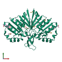Homo dimeric assembly 1 of PDB entry 5qhj coloured by chemically distinct molecules, front view.